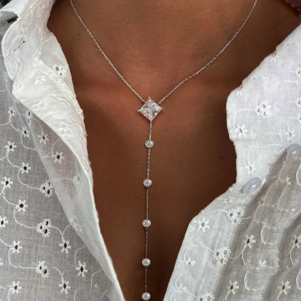 1carat Princess Cut Moissanite Lariat Necklace with Round Bubble Pendant Necklace Y-shape S925 Silver Square Neckchain for Women