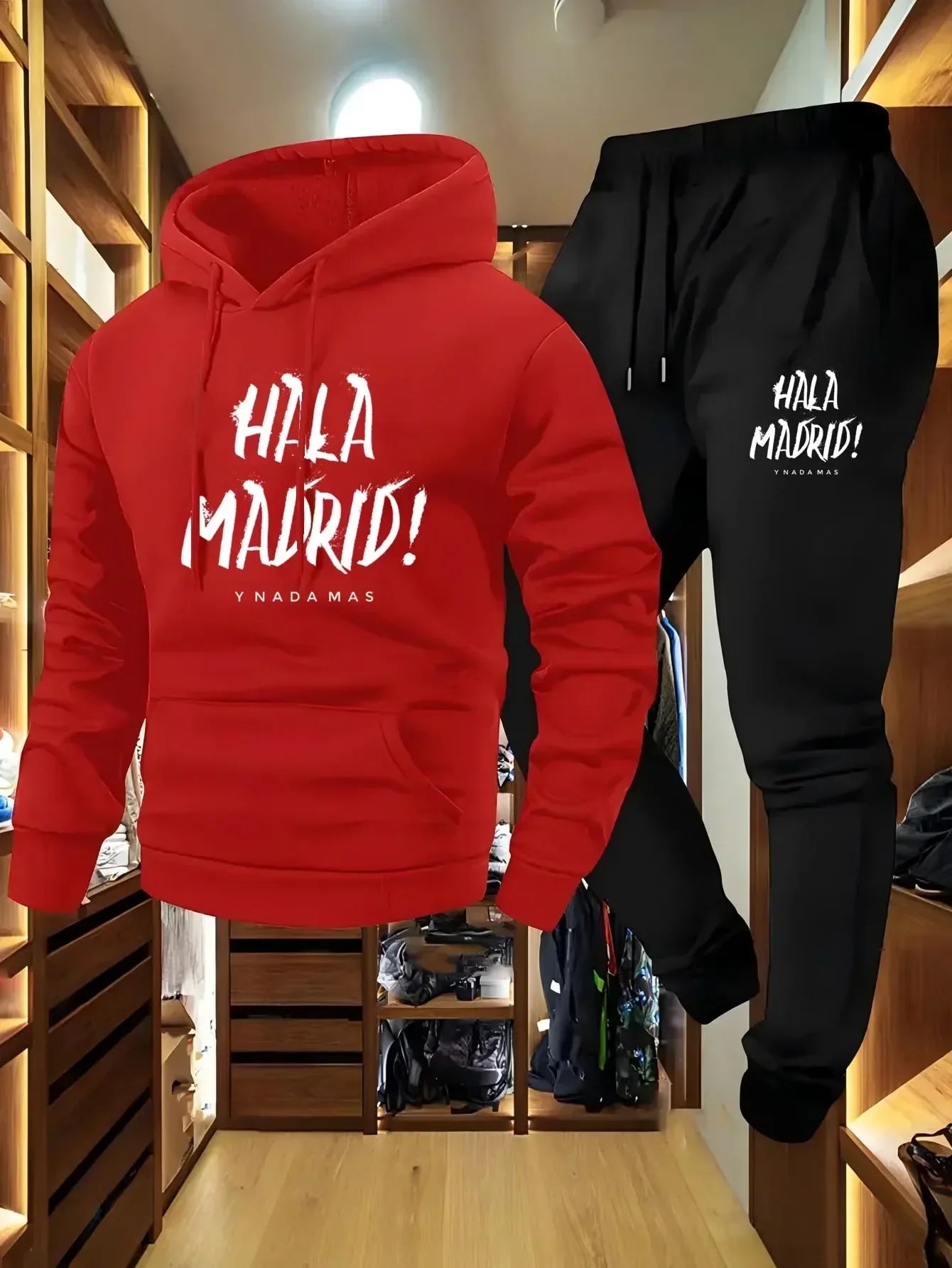 Men's Hala Madrid Graphic Print Hoodie And Jogger Set Casual Loose Fit Polyester Knit Pullover with Elastic Material
