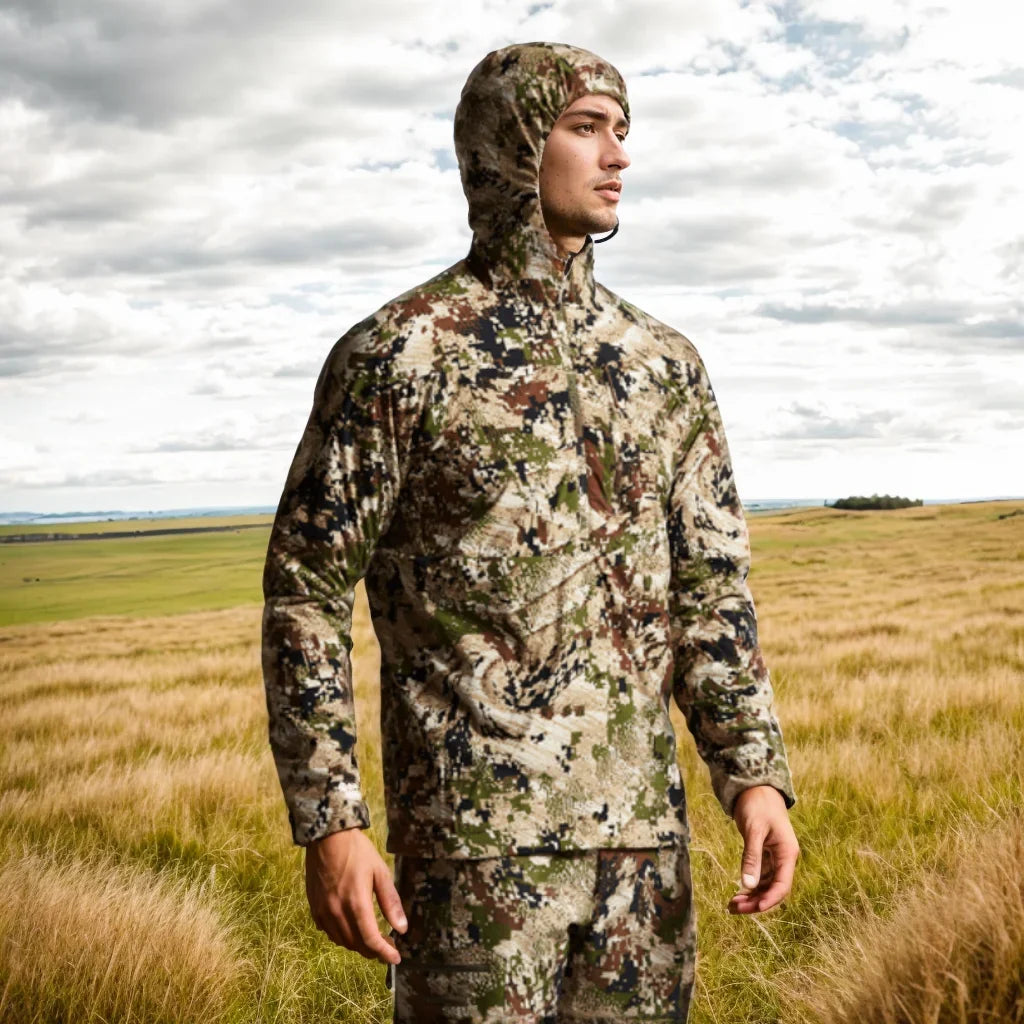 Men's Stretch Camouflage Jacket, Hunting Pullover, Light Nylon Fabric Printed Plush Lining Hoodie