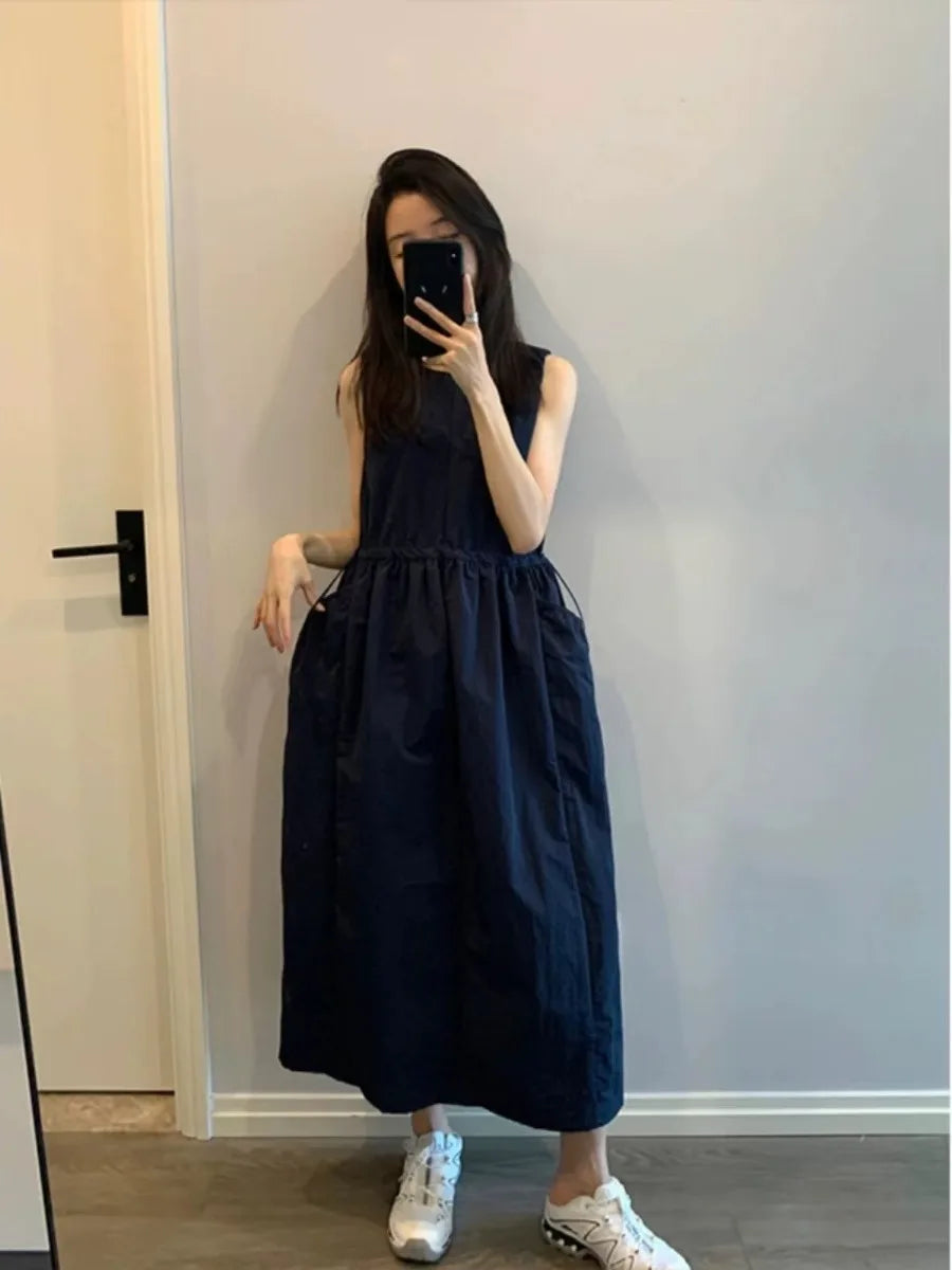 Loose Casual Women's Dr Summer 2026 New Korean Sle Dstring Waistl Svel Vest Skirt A-Line Midi round Ne