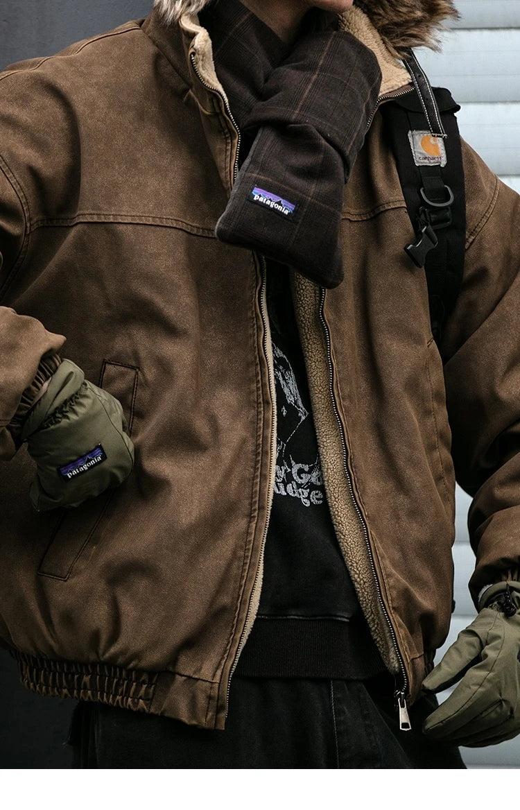 Winter Heavyweight Mens Jacket Japanese Vintage PU Coated Windproof Thick Fleece Lined Warm Distressed Streetwear Long Coat Male