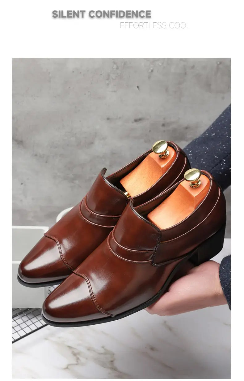 Premium Leather Men Shoes Slip On Loafers European Brand Business Casual Wedding Party Plaid Design Height Increasing