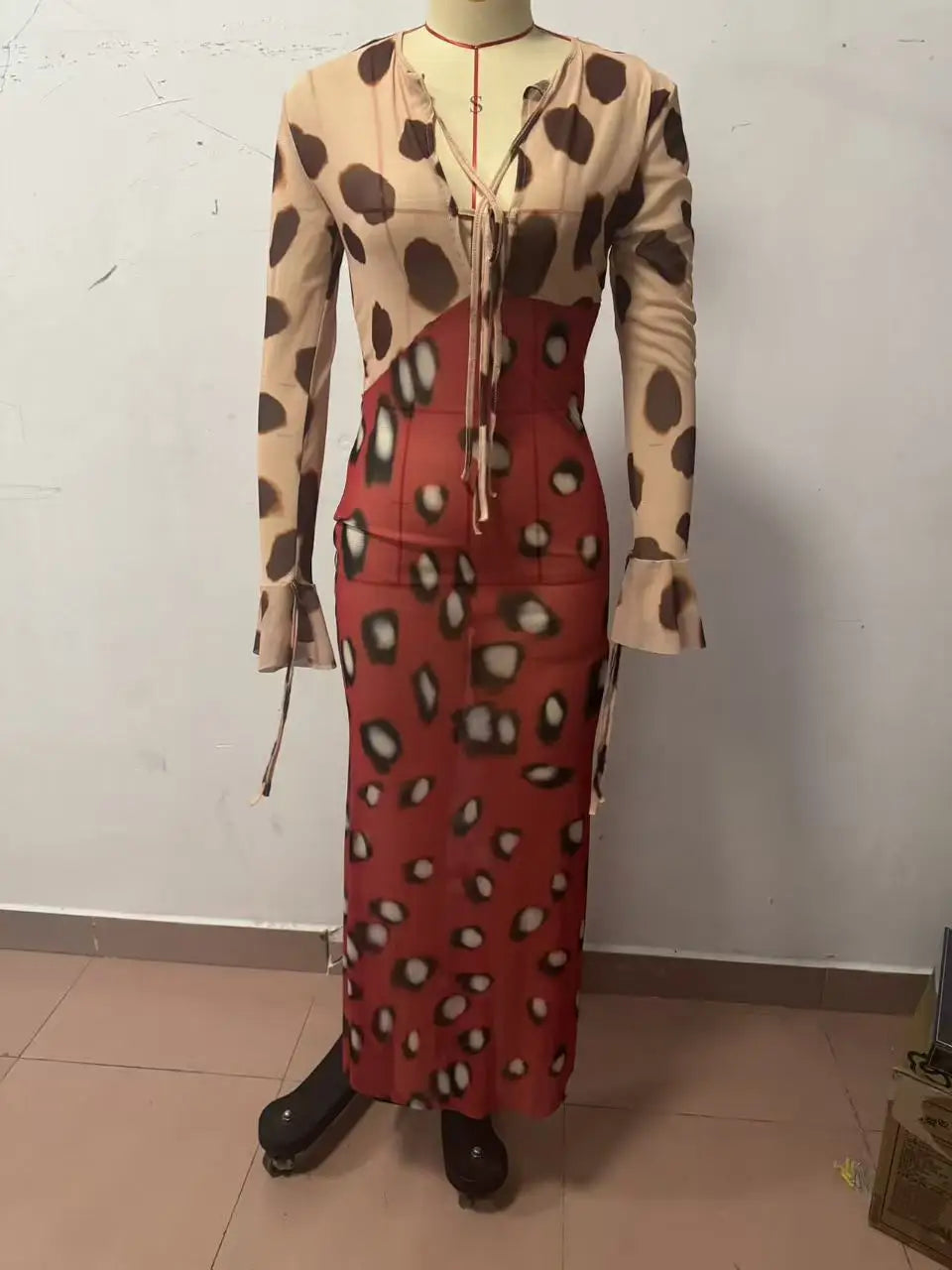 Print V-neck Lace Up Casual Dress Women Chic Thin Mesh Polka Dot Flared Sleeves Patchwork Slim Fit Dresses Lady Daily Vestidos