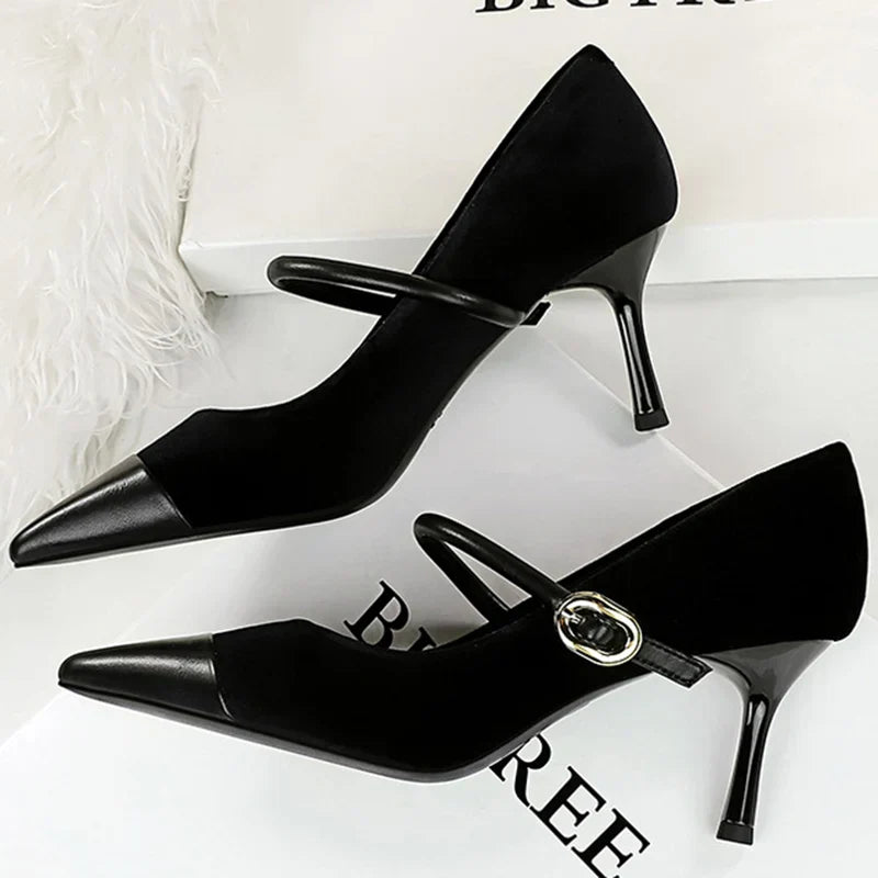 Korean Version Party 10cm 7cm High Heels Women Shoes Thin Heels Velvet Shallow Montage Pointed Toe Metal One-line Buckle Pumps