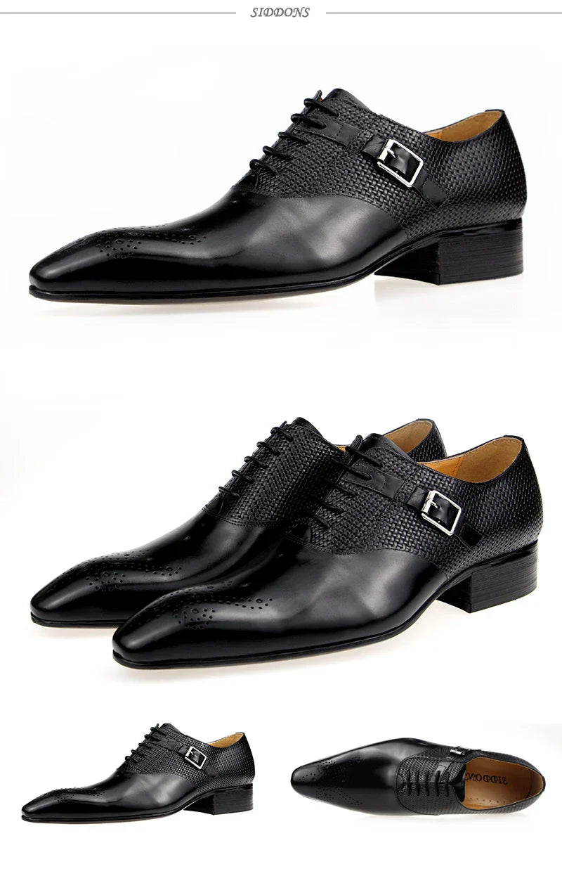 Mens Formal Genuine Leather Shoes Fashion Zapato Social Male Wedding Dress Loafer Weave Printing Lace-up Daily Brogue Shoes