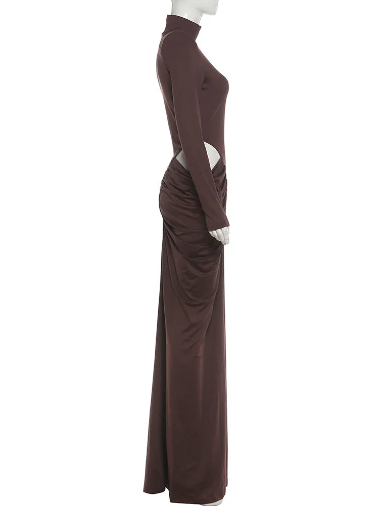 Hipster Waistless Ruched Elegant Dress Woman Autumn Style Turtleneck Full Sleeve Hollow Design Prom Party Long Bodycon