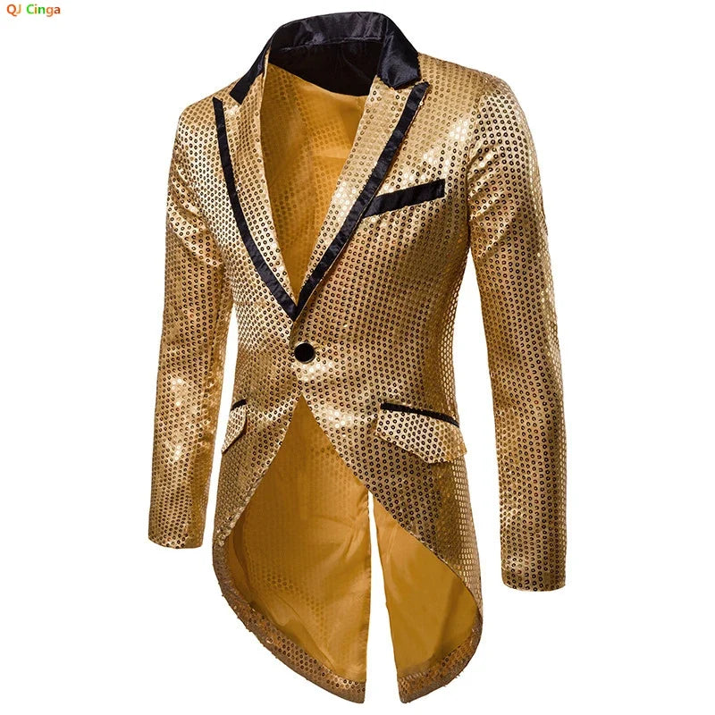 2026 Men's Gold V-Neck Long Sleeve Tuxedo, TV Performance Magic Long Jacket Shiny Sequin Decoration Red Blue Black Blazer S-XXL