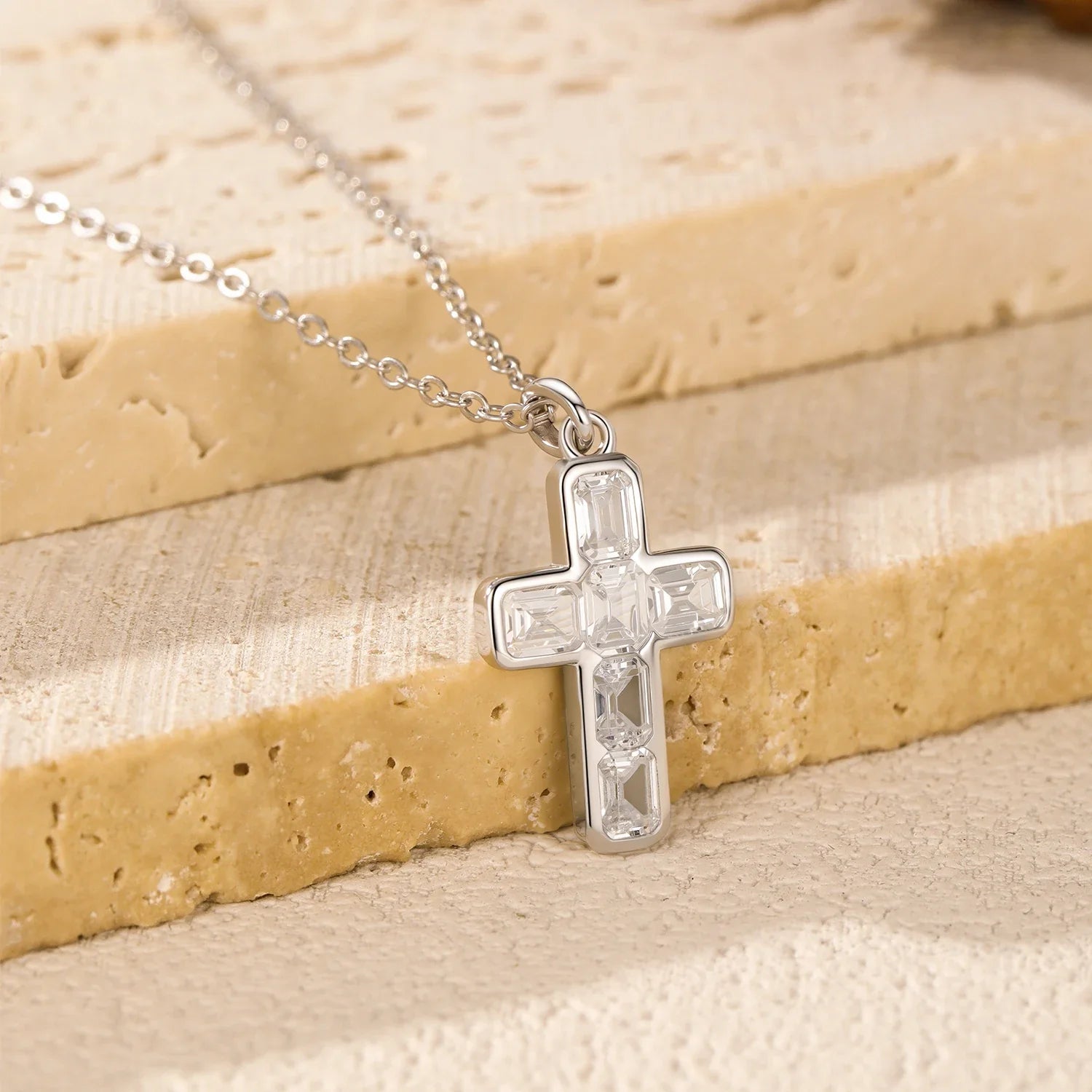 925 Sterling Silver Sweet Cool Cross Link Chain Necklace Emerald Cut CZ Pendant Necklace For Women Fine Jewelry Gift