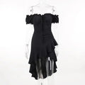 Summer Black A-LINE Dress Women Streetwear Sexy Off Shoulder Short Sleeves Ruffled Mid Length Dresses Club Elegant Partywear
