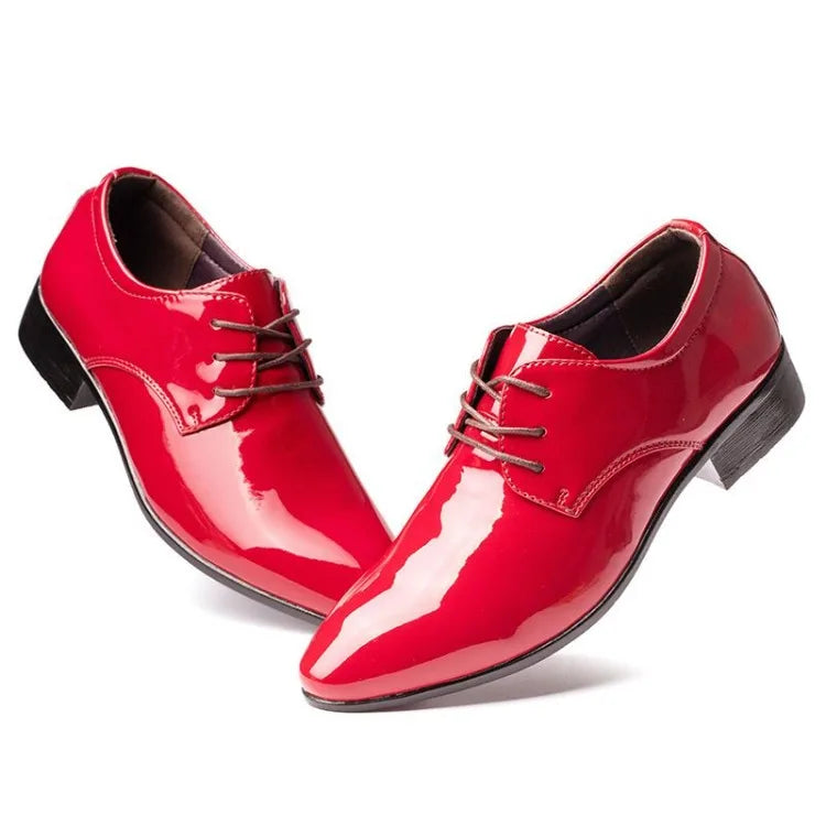 Men's Red Patent Leather Wedding Groomsmen Shoes Low Block Heel Business Formal Dress Shoes Trendy Casual Footwear