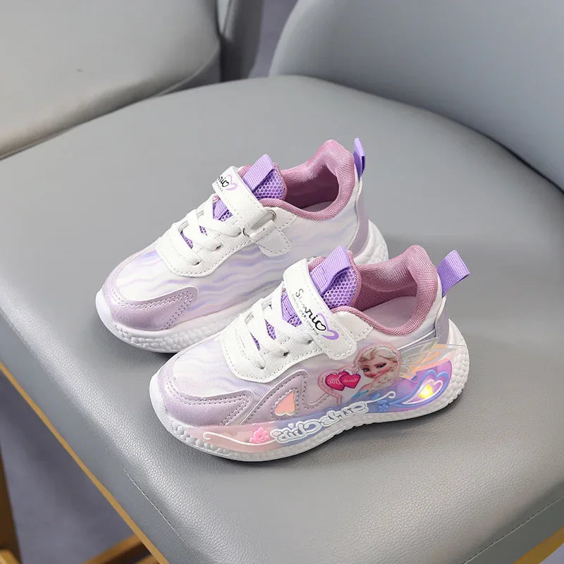 Disney LED Casual Sneakers Pink Purple For Summer Girls Frozen Elsa Princess Print Outdoor Shoes Children Lighted Non-slip Shoes
