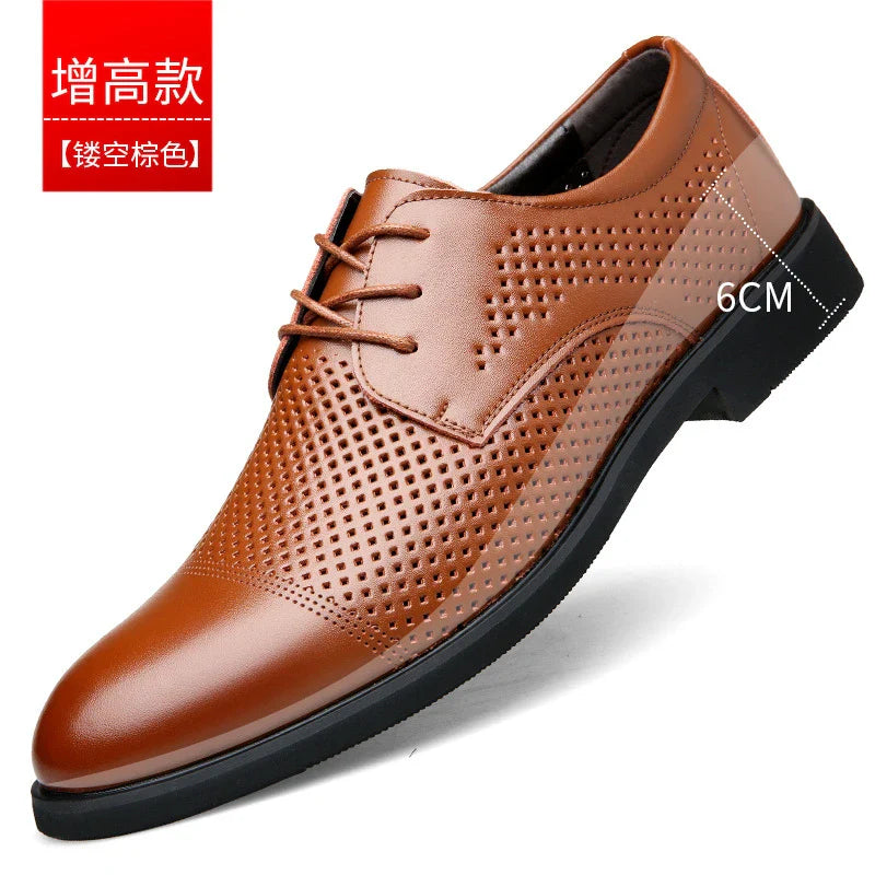 Mens Black Genuine Leather Perforated Cap Toe Lace Up Formal Business Oxford Shoes Breathable Summer Office Casual Dress Shoes