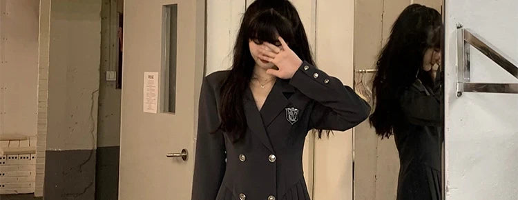 Sweet Style Suit Dress Korean Drama Main Character Waist Cinched Beautiful  Skirt College Style High Waist Double Breaste...