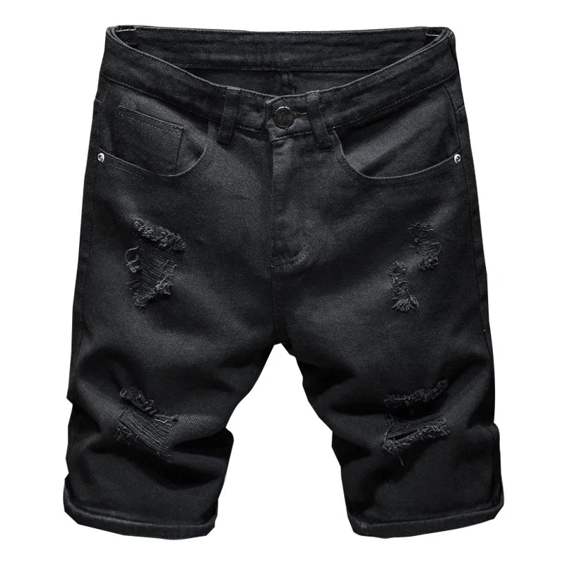 New White Jeans Shorts Men Fashion Ripped Knee Length Pants Simple Casual Slim Hole Denim Shorts Male Streetwear