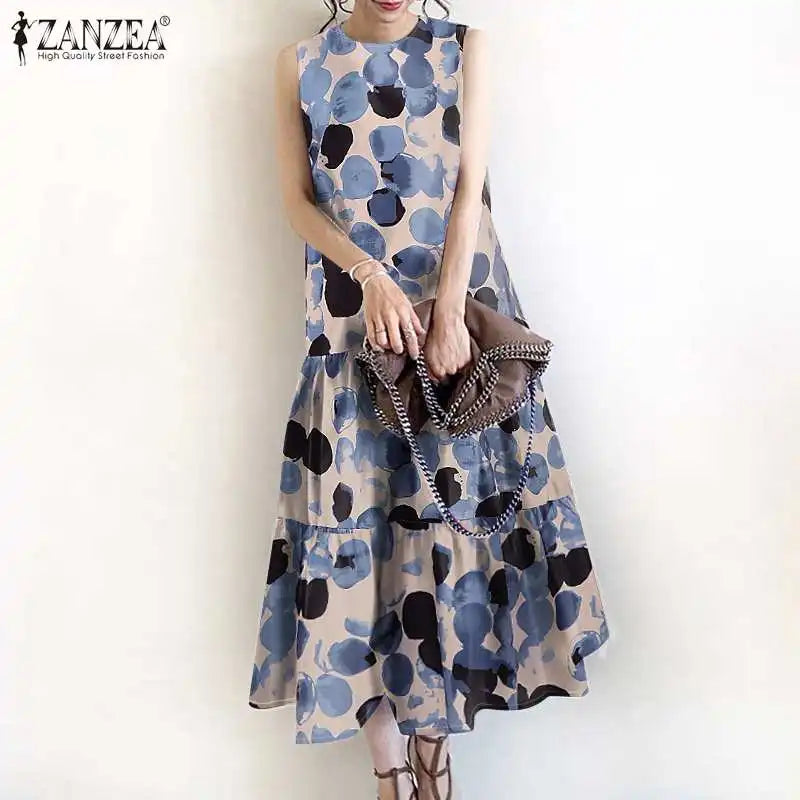 2024 Bohemian Sleeveless Summer Dresses Women Floral Printed Sundress Fashion Casual Ruffles Hem Long Vestido Robe Femme