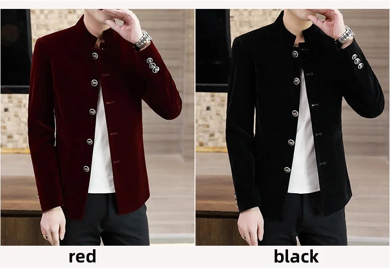 Men's Light Luxury Golden Velvet Coat Youth Fashion Trend Solid Color Stand Collar MAO Suit Handsome Boutique Item