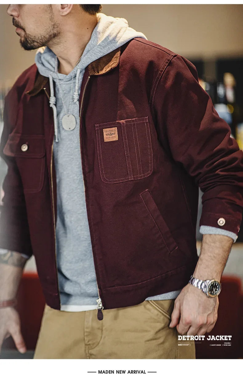 Retro Heavyweight Canvas Detroit Jacket Corduroy Collar Hunting Short Zip-Up Jacket with Pockets Men's Autumn Outerwear
