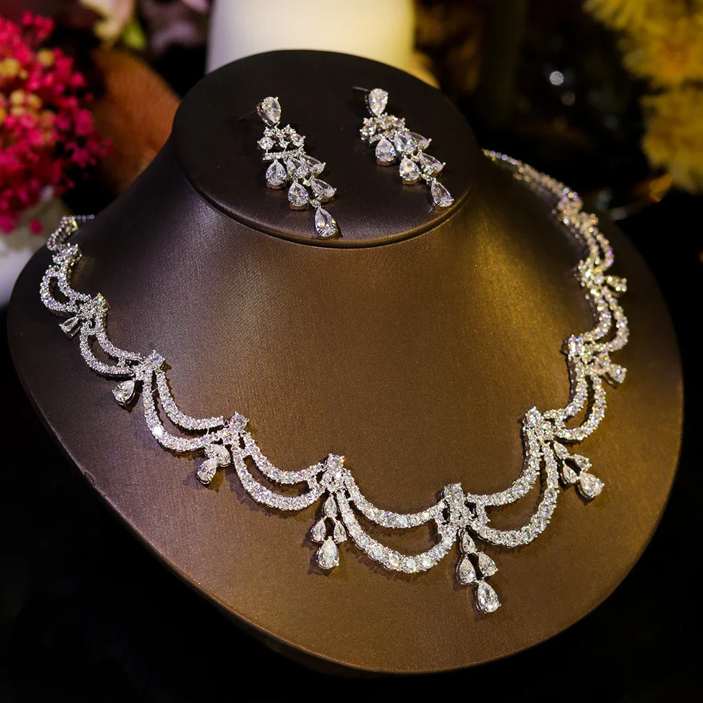 High Quality Two-layer Wavy Necklace Light Luxe Zircon Jewelry Set Bride Wedding Dress Accessories  Ornaments Girlfriend's Gift