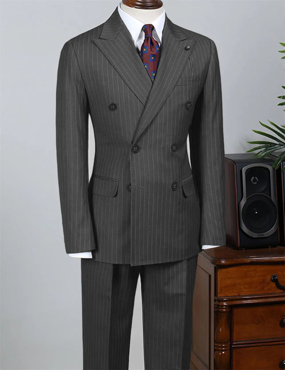 Gray Striped Men's Suit 2 Piece Set Man double-breasted Slim Fit Business Formal suit Casual Suit Jacket Pant Groom's suit dress