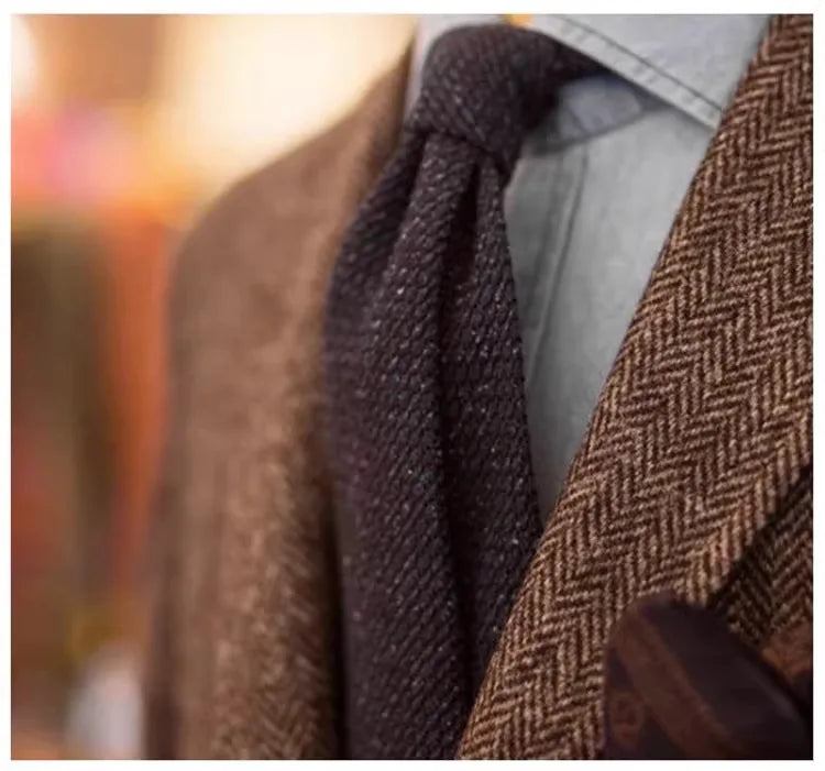 Uncle Nick's Wooster-Style Suit, Autumn and Winter Vintage Tweed Wool Herringbone Pattern Men's Blazer Suit