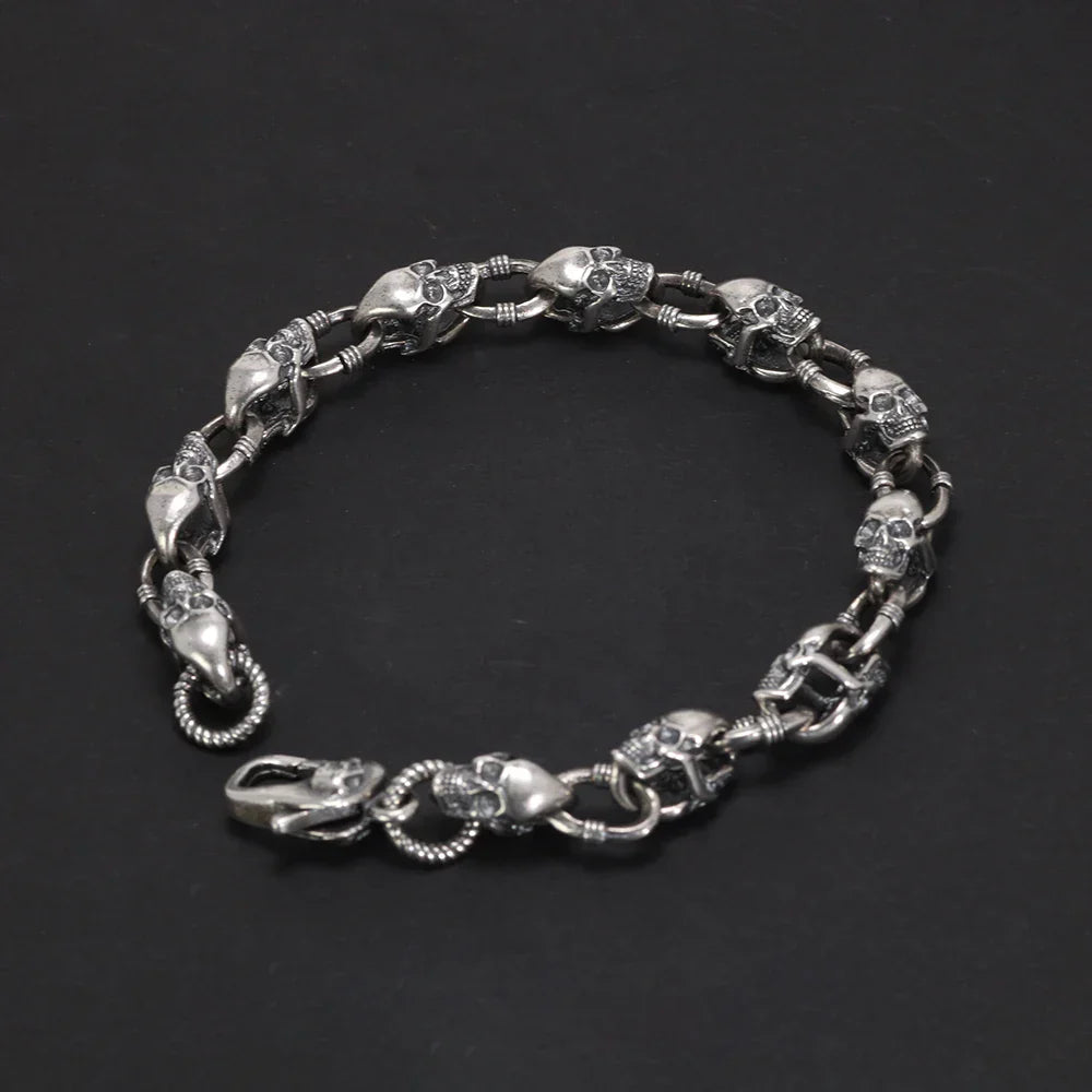 Real 925 Sterling Silver Skull Chain Bracelet for Men and Women Gothic Domineering Street Rock Jewelry Gift
