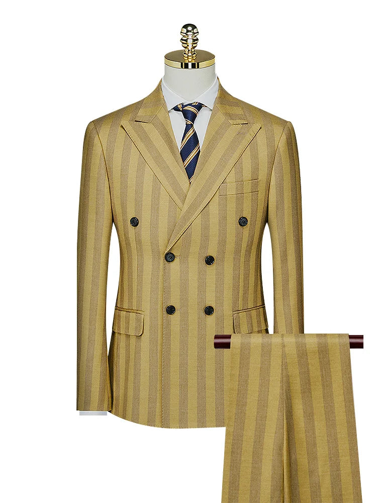 Double Breasted Men Suit Set Yellow Stripe Leisure Wedding Groom Wear Spring Autumn Korea Slim Style Business Man Daily Clothing