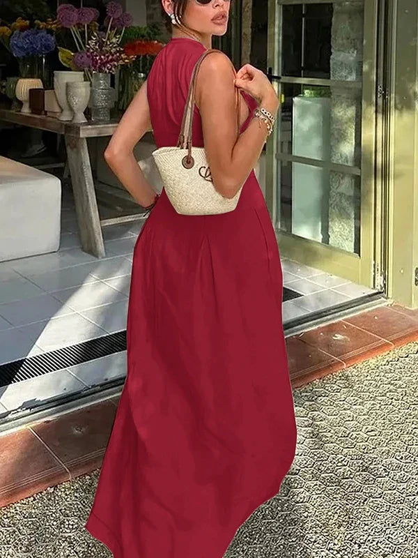 Office Lady Commute Pleated A-line Dress 2026 New Summer Fashion Solid Color Sleeveless Zipper Evening Maxi Dresses