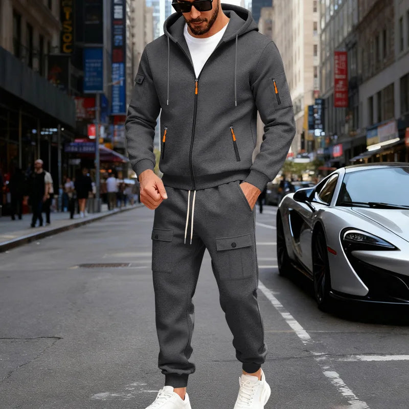Autumn and winter men's velvet loose casual tooling outdoor sports fashion hooded sweater set