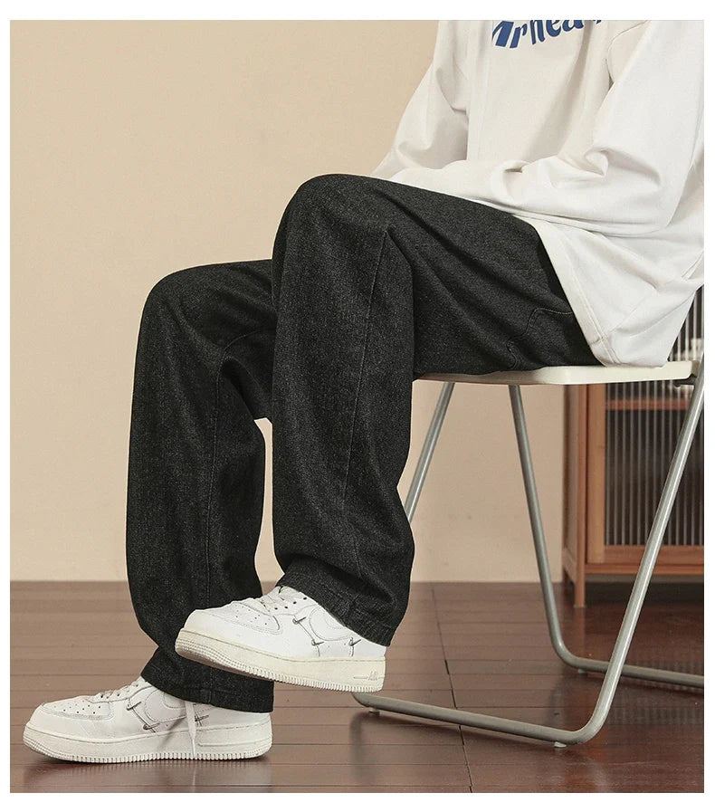 2023 New Korean Fashion Men's Casual Ankle-Length Jeans Classic Man Straight Denim Wide-leg Pants Light Blue Grey Black 3XL