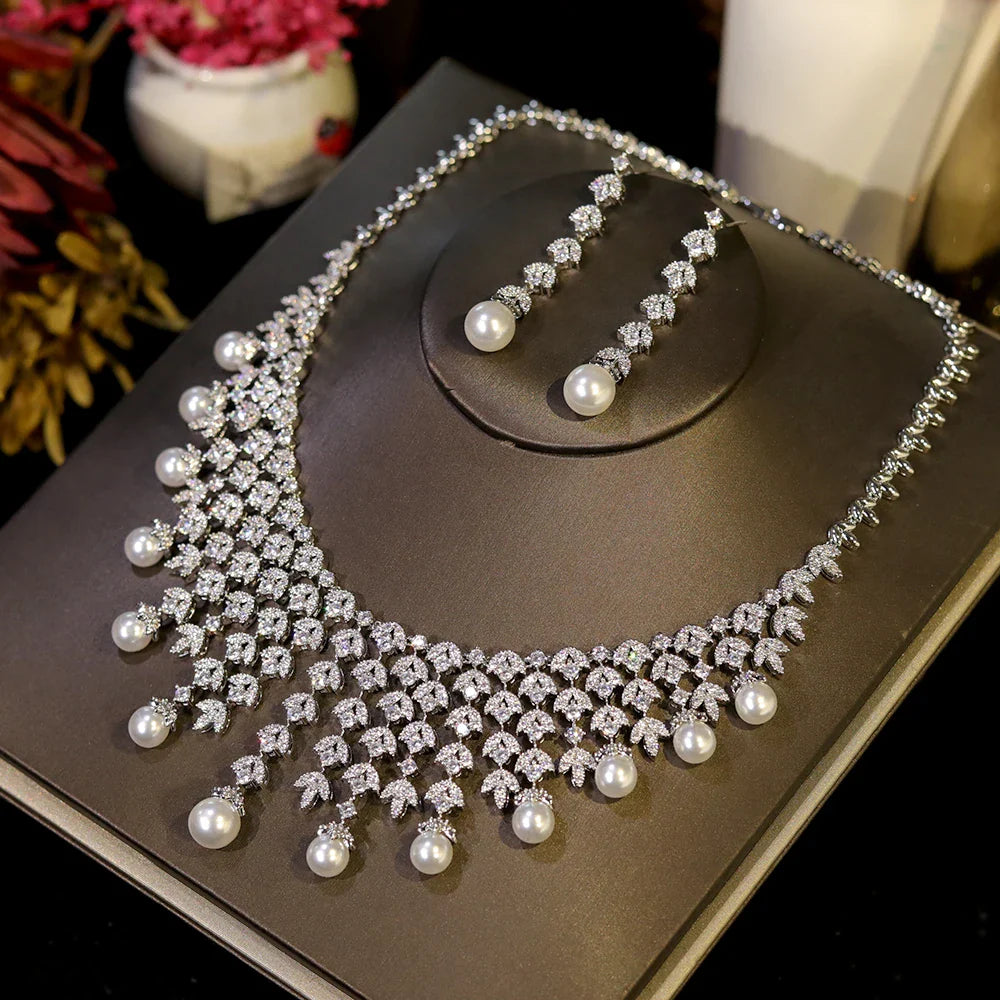 3A Cubic Zirconia Silver Color Tassel Necklace Luxury Pearl Jewelry Sets Bridal Dubai Wedding PROM Accessories