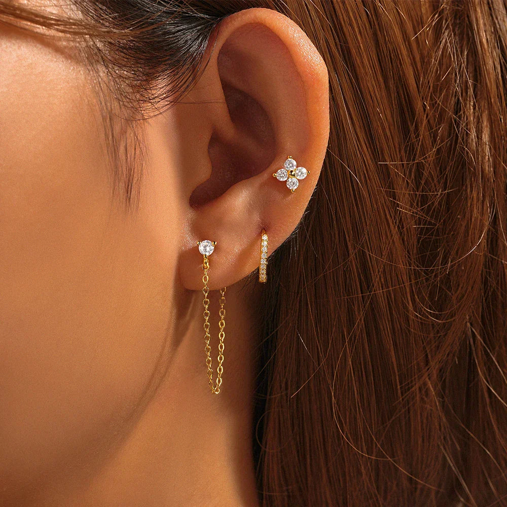 925 Sterling Silver 3pcs/set Cute Chians Stud Earrings Set Fashion Zircon Crystal Women Girls Gift Fine Jewelry Set