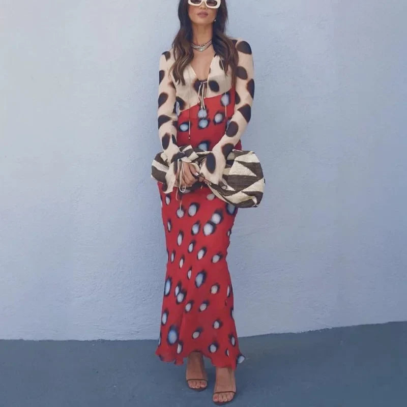 Print V-neck Lace Up Casual Dress Women Chic Thin Mesh Polka Dot Flared Sleeves Patchwork Slim Fit Dresses Lady Daily Vestidos