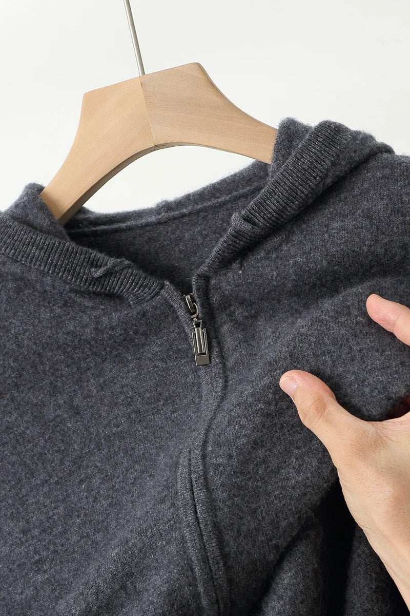 2025 New Men Knitted Plane Hooded Cardigan Cashmere Sweater Zipper Design Pocket Decoration High quality Thick Warmth Hoodie