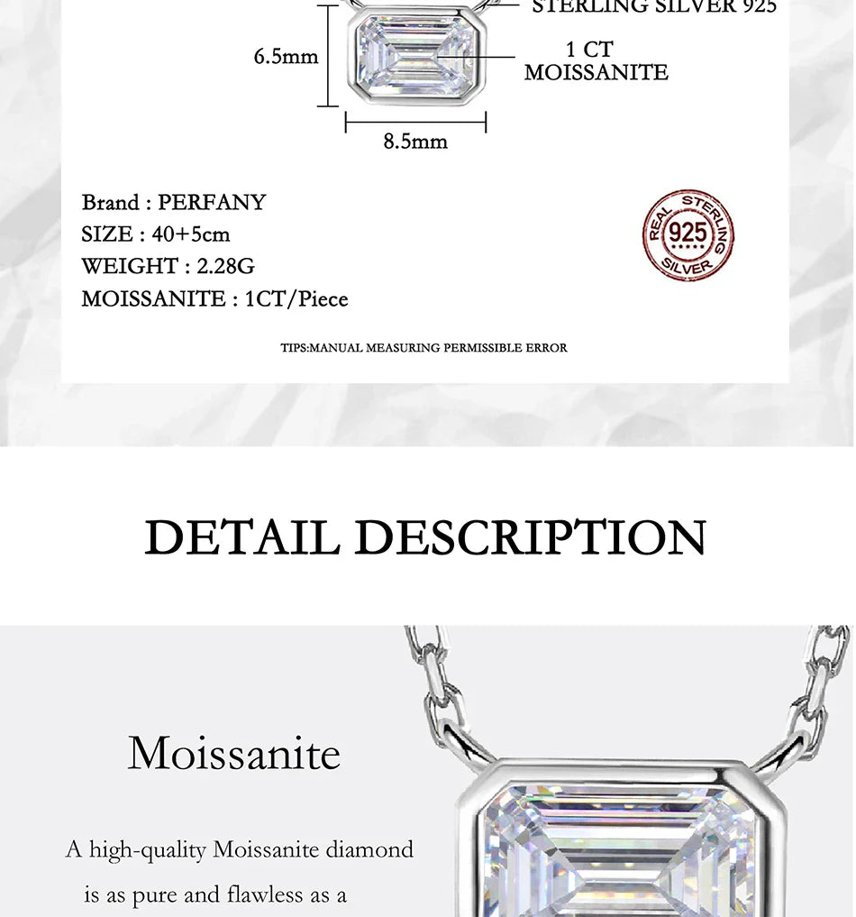 1CT Moissanite Necklace for Women S925 Pure Silver Emerald Cut Laboratory Diamond Pendant Fashion Party High-end Jewelry