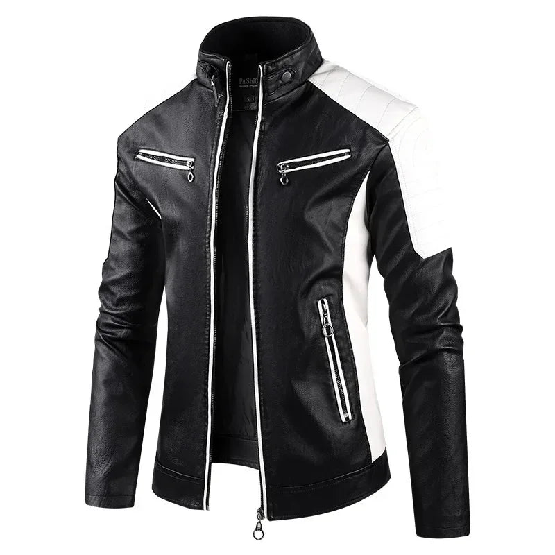 Patchwork Motorcycle Jacket Men ,Leather Jacket, Color-blocking Stand-up Collar Coats, PU Motorcycle Jacket, Motorbike Jacket