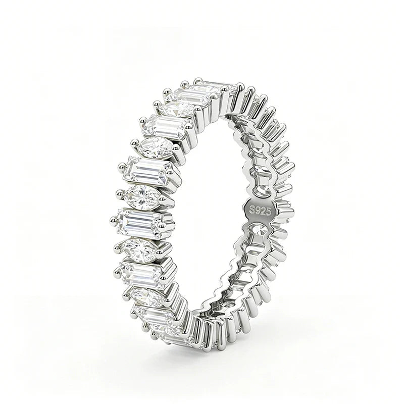 18k Plated 2*4mm Full Moissanite Rings for Women Emerald Cut Full Eternity Band S925 Sterling Silver Pass Diamond Tester