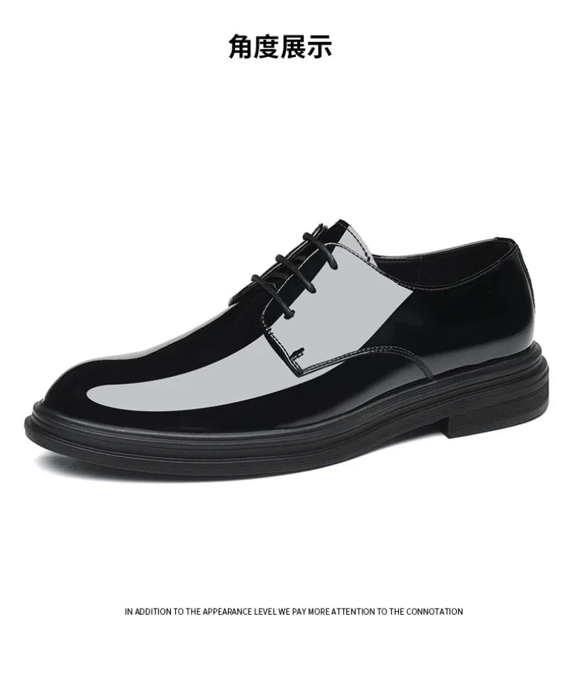 Mens Black Patent Leather Lace Up Dress Shoes With Thick Sole Platform Block Heel Formal Business Wedding Party Office Work Shoe