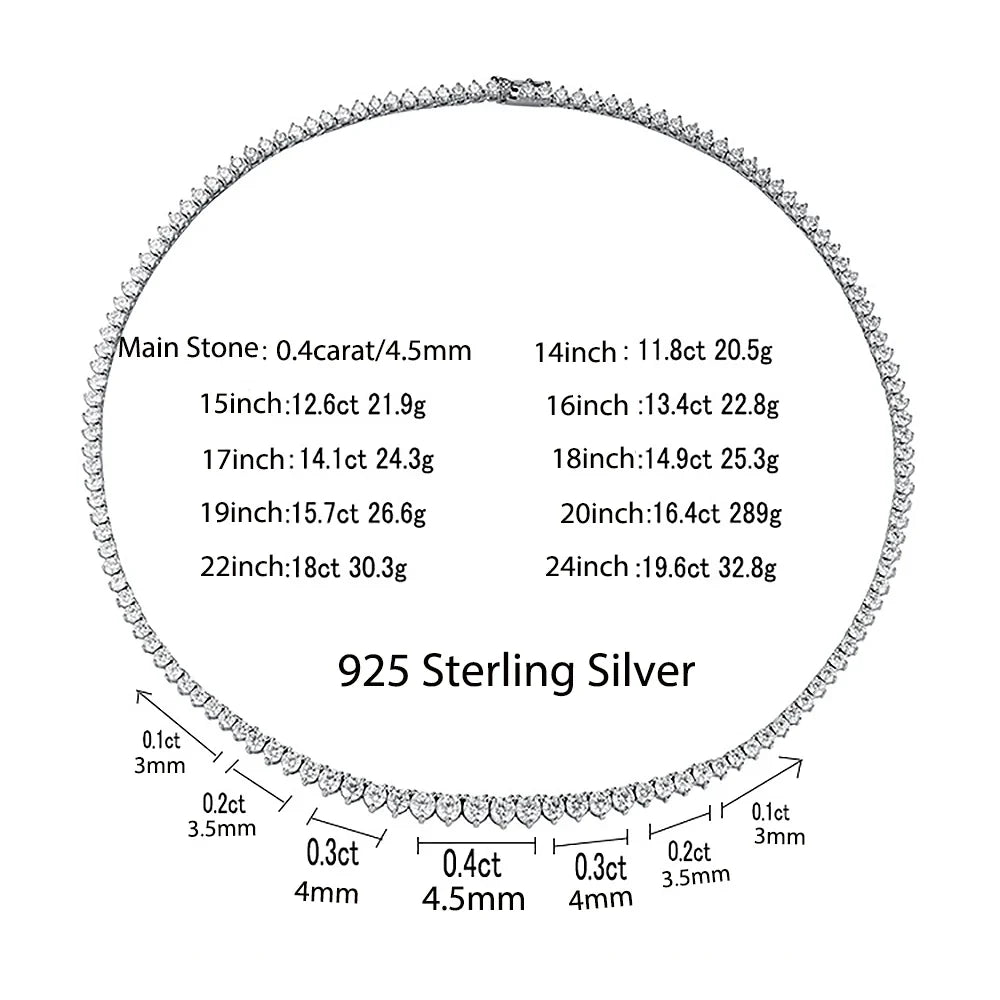 3-Claw Setting Full Moissanite Tennis NecklaceCertified Certificate 925 Silver 3-4.5mm Size Gradient Diamond Necklaces for Women