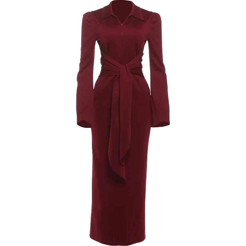 Sexy Maxi Dress Women Shoulder Padded Zip Wrapped Bandage Long Sleeve Slit Elegant Solid Office Simple Skinny Bodycon