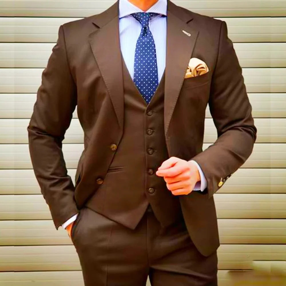 Coffee 3 Piece Weddi Suits for Men Slim Fit Groom Tuxedos Notch Lapel Business Formal Party Male Blazer Vest Pants Costume Homm