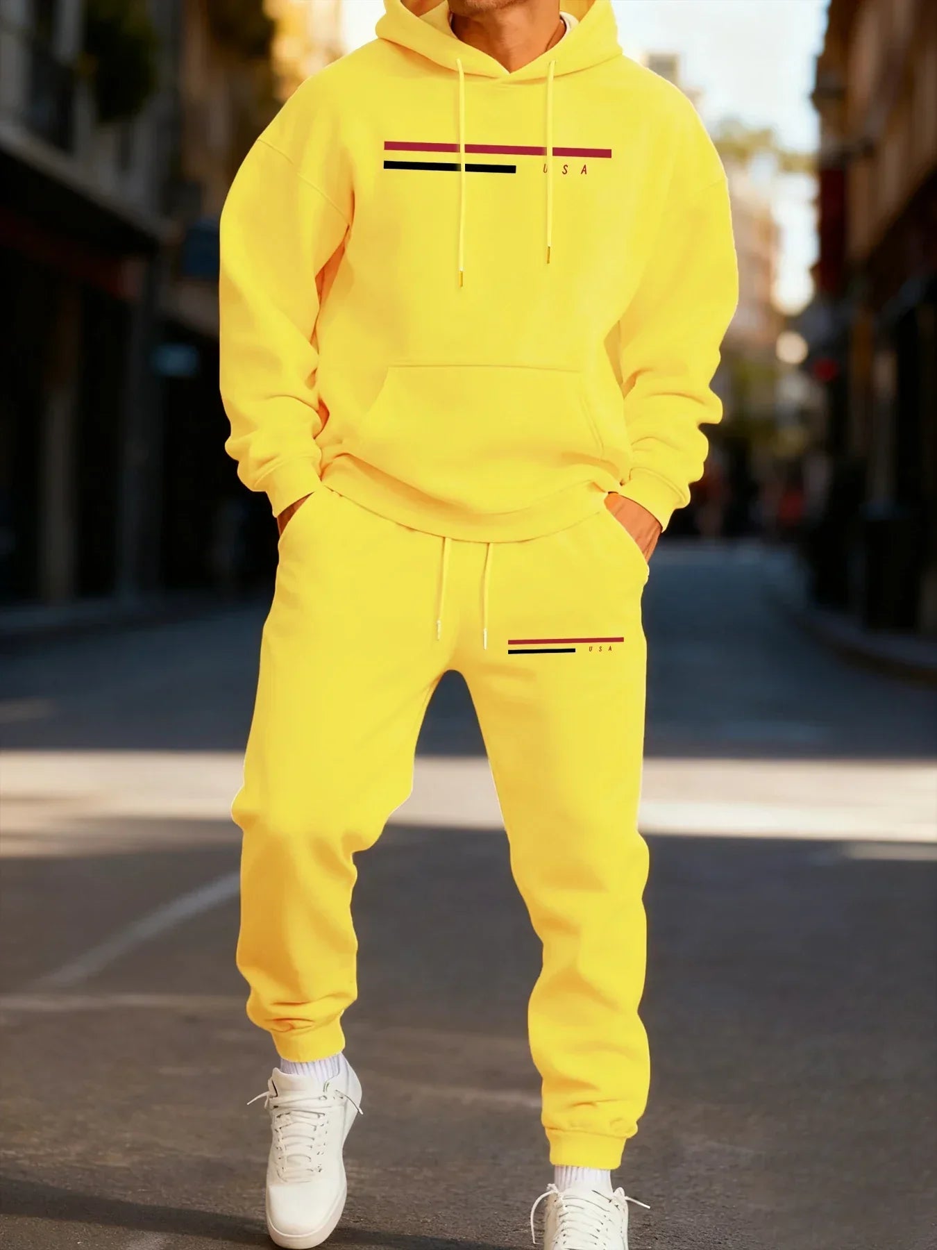 Usa Simple Line Printed Man'S Hoodie Set Fashion Pocket Two Pices Sets Fleece Autumn Clothing Casual Winter Sporty Streetwear