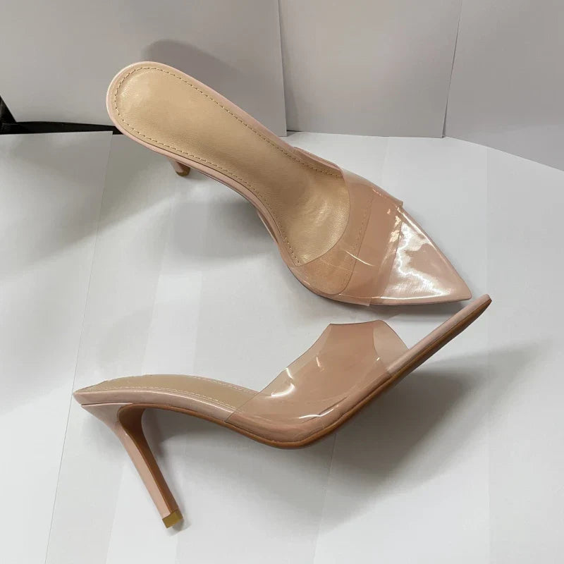 New Summer Women's High-heeled Sandals Simple Transparent High-heeled Slippers Stiletto Pointed Open-toed Slippers Mules