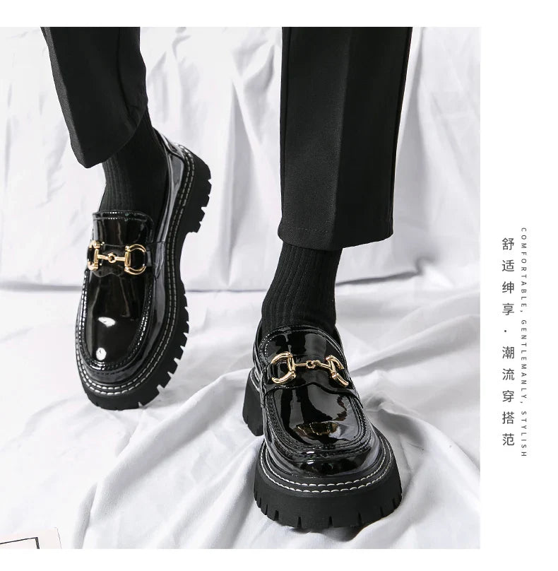 New Men Patent Leather Loafers Fashion Casual Shoes Male Thick Sole Increased Height Slip On Breathable Comfortable Driving Shoe