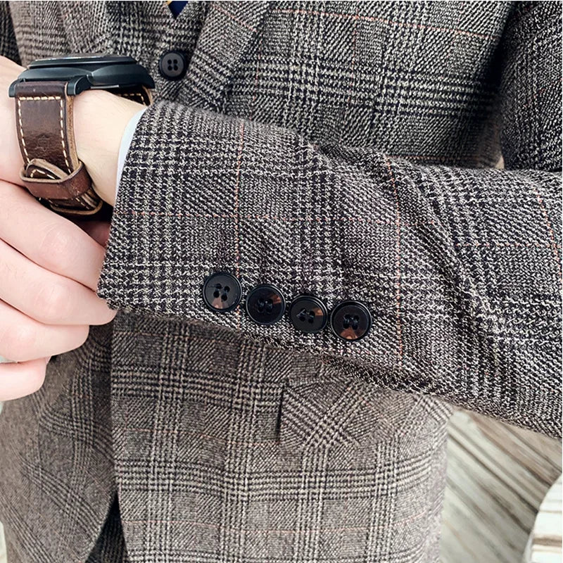 Boutique Suits (Blazer+ Vest + Pants) Men Fashion Hosting Work Business Wedding Casual Linen Art Style Elegant Gentleman's Suit