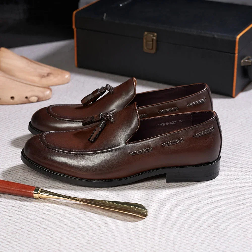 Classic Men's Genuine Leather Tassel Loafers Handmade Slip-On Casual Shoes Comfortable for Office Wedding Dressing Daily Wear