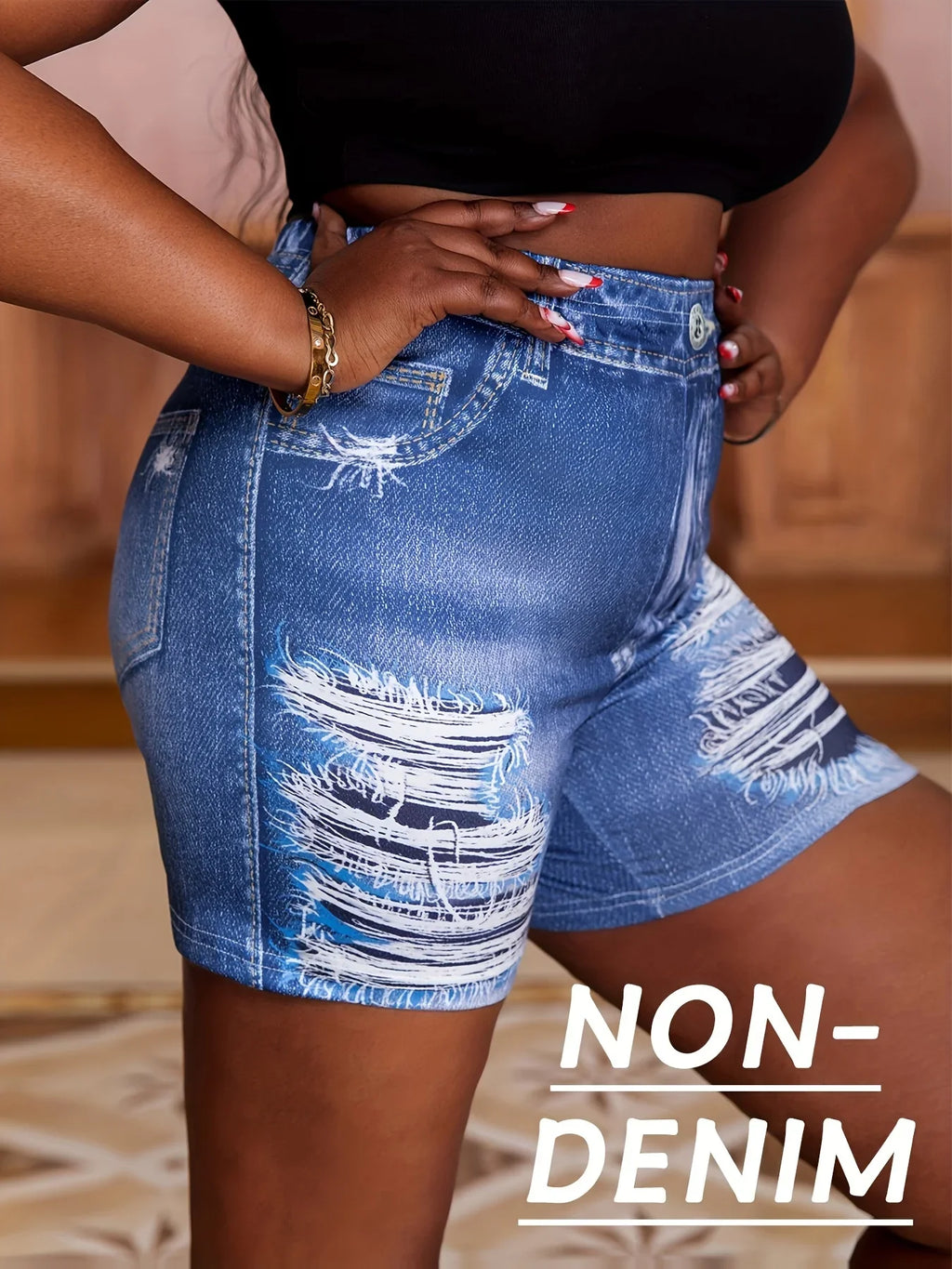 Women's High Stretch Faux Denim Shorts with Fake Distressed Details and Print Design Casual Comfortable Underpants for Summer