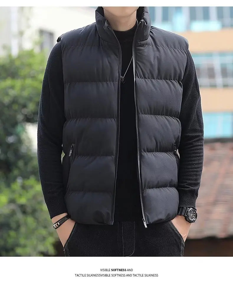 Men's down Vest Thickened Casual Style Stand Collar Jacket Autumn Winter New Fashion Youth Active Fit Zipper Pocket Daily Wear