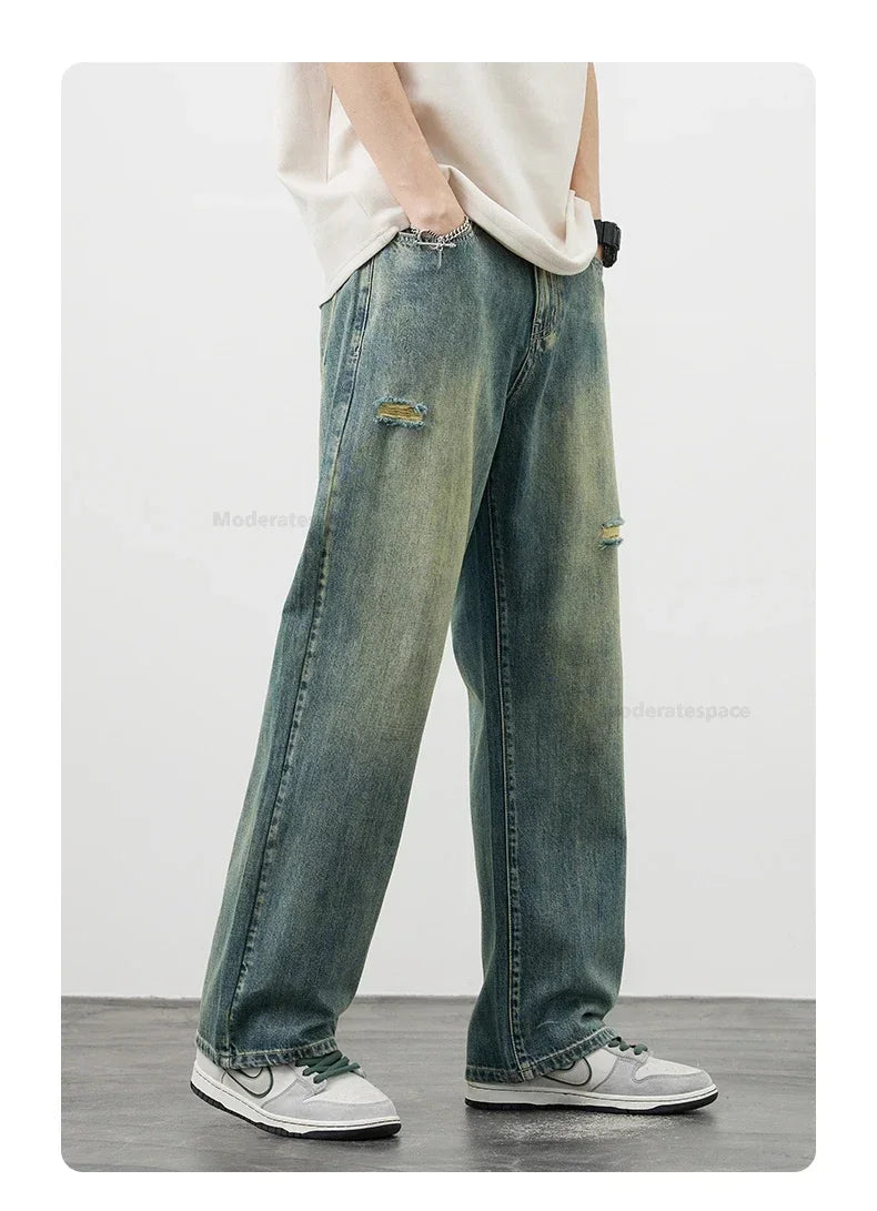 Korea Baggy Cargo Jeans Men Vintage Straight Ripped Y2k Pants Fashion Frayed High Street Distressed Denim Trousers Male Clothes