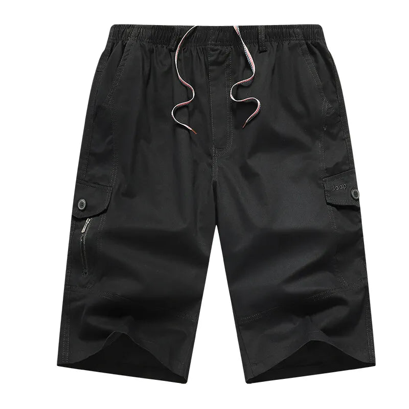 Men's Cargo Shorts 3/4 Below Knee Cotton Drawstring Running Shorts Outdoor Relaxed Fit Casual Sport Hiking Fishing Jogger Shorts