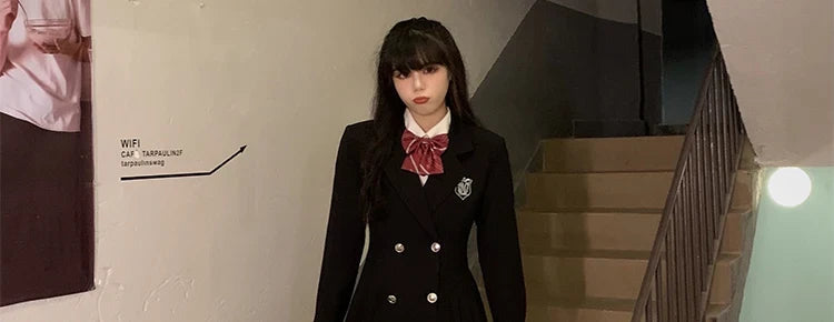Sweet Style Suit Dress Korean Drama Main Character Waist Cinched Beautiful  Skirt College Style High Waist Double Breaste...